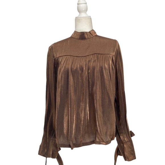 Allison New York Metallic Chiffon Smocked Long Tie bow Sleeve Blouse in Copper - Picture 9 of 9